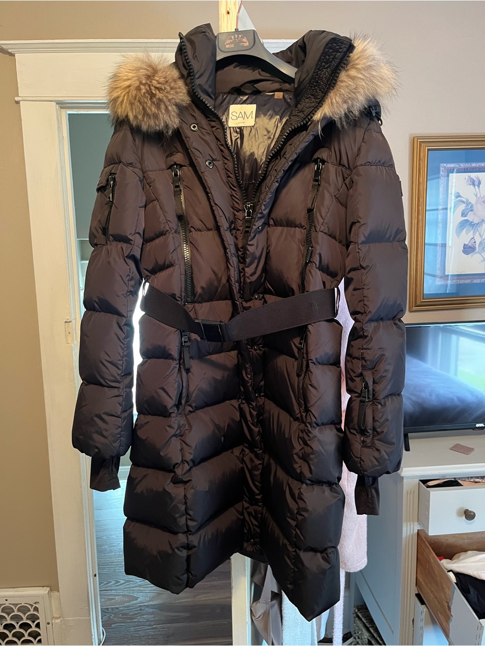 SAM. Black Quilted Long Belted Puffer Coat with real Fur Hood